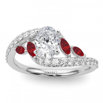 Swirl Design Lab Grown Diamond & Marquise Lab Ruby Engagement Ring 14K White Gold (0.63ct)